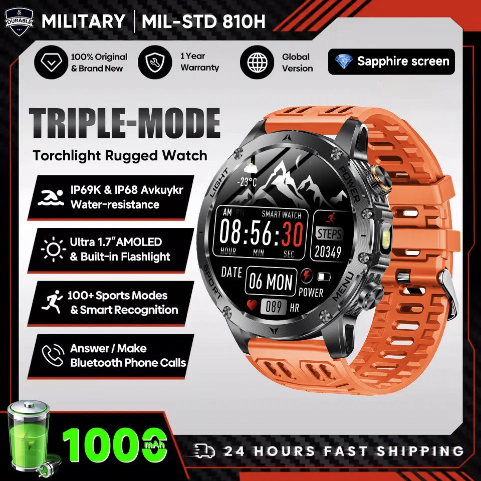 2025 T-Rex 3 Smart Watch – 1.75” HD Large Screen Military Sport Smartwatch with Dual-Band GNSS, Compass & IP68 Waterproof Rating