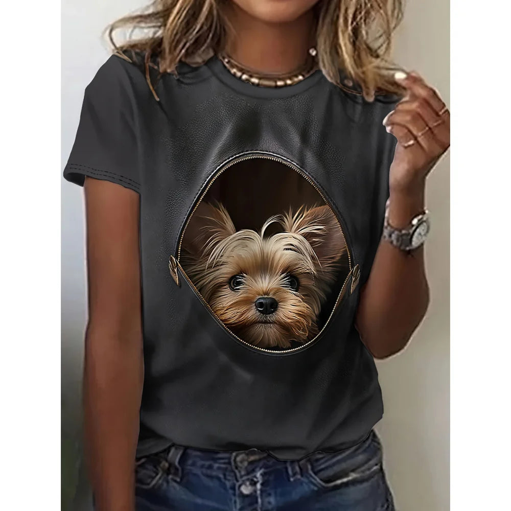 Cartoon Dog Funny Women’s T-Shirt – 3D Print Cute Character O-Neck Casual Short Sleeve Top