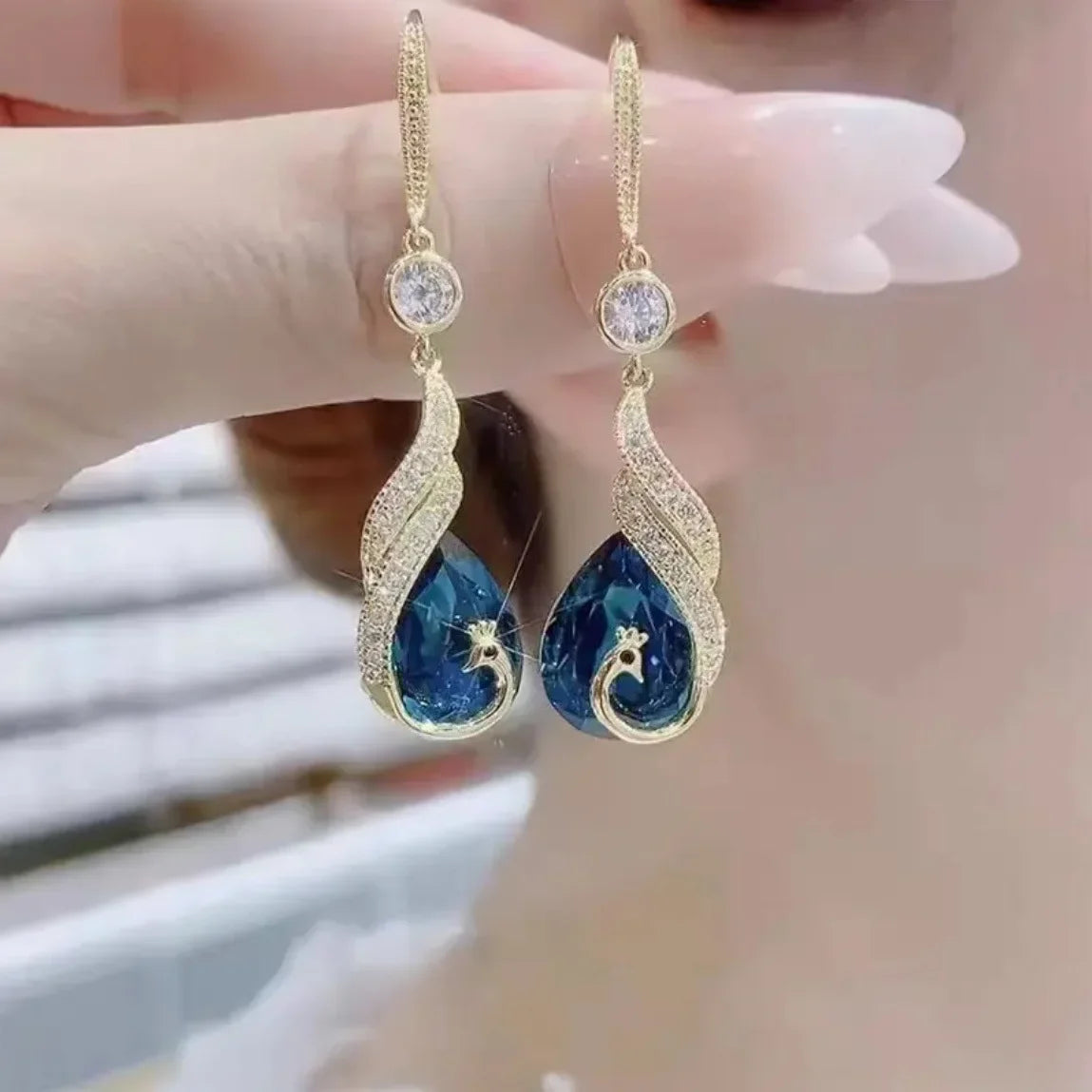 Elegant Blue Peacock Crystal Jewelry Set – Long Tassel Necklace & Earrings for Women, Vintage Luxury Party Gift