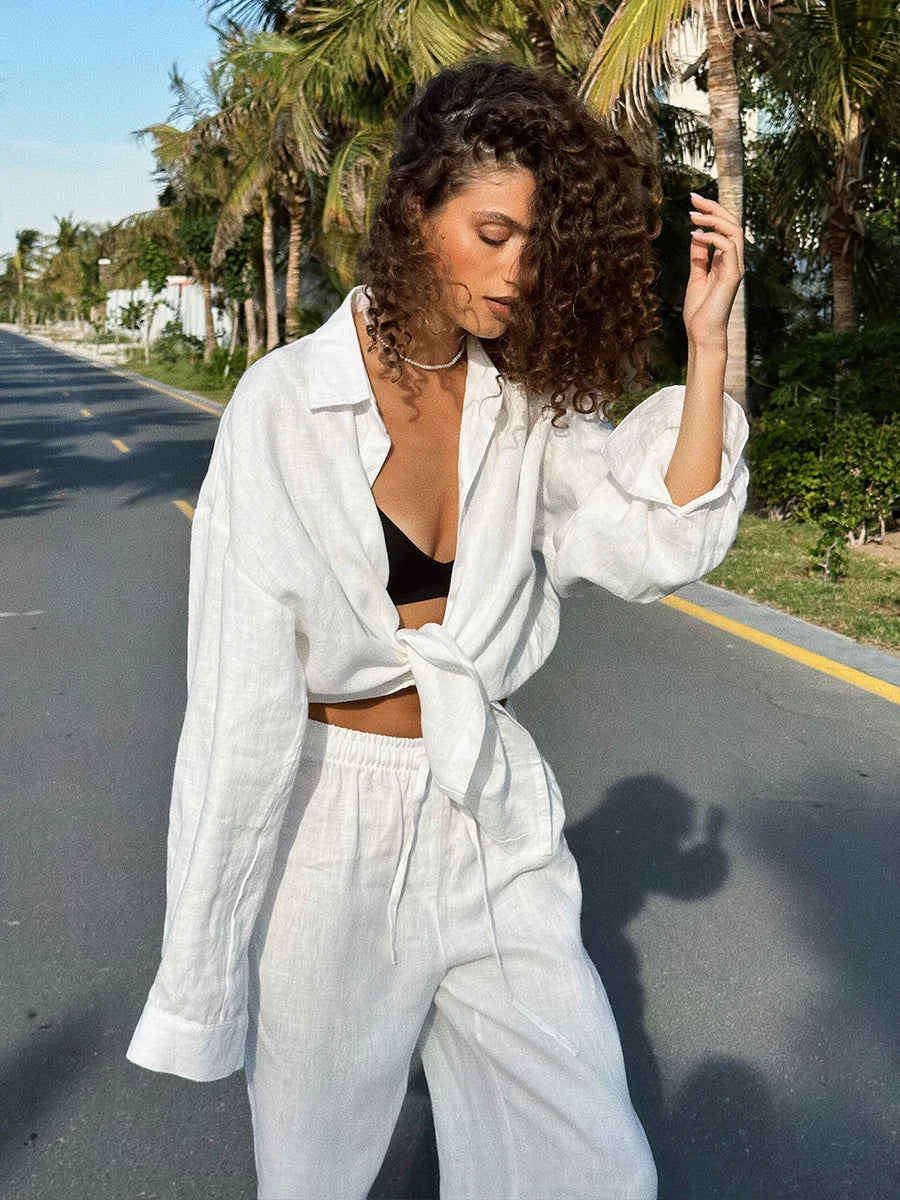 Women’s Casual Cozy Lapel Pink Shirt & Pants Set – Fashion Single-Breasted Blouse with Elastic Waist Trousers | 2025 Spring Loose Outfit