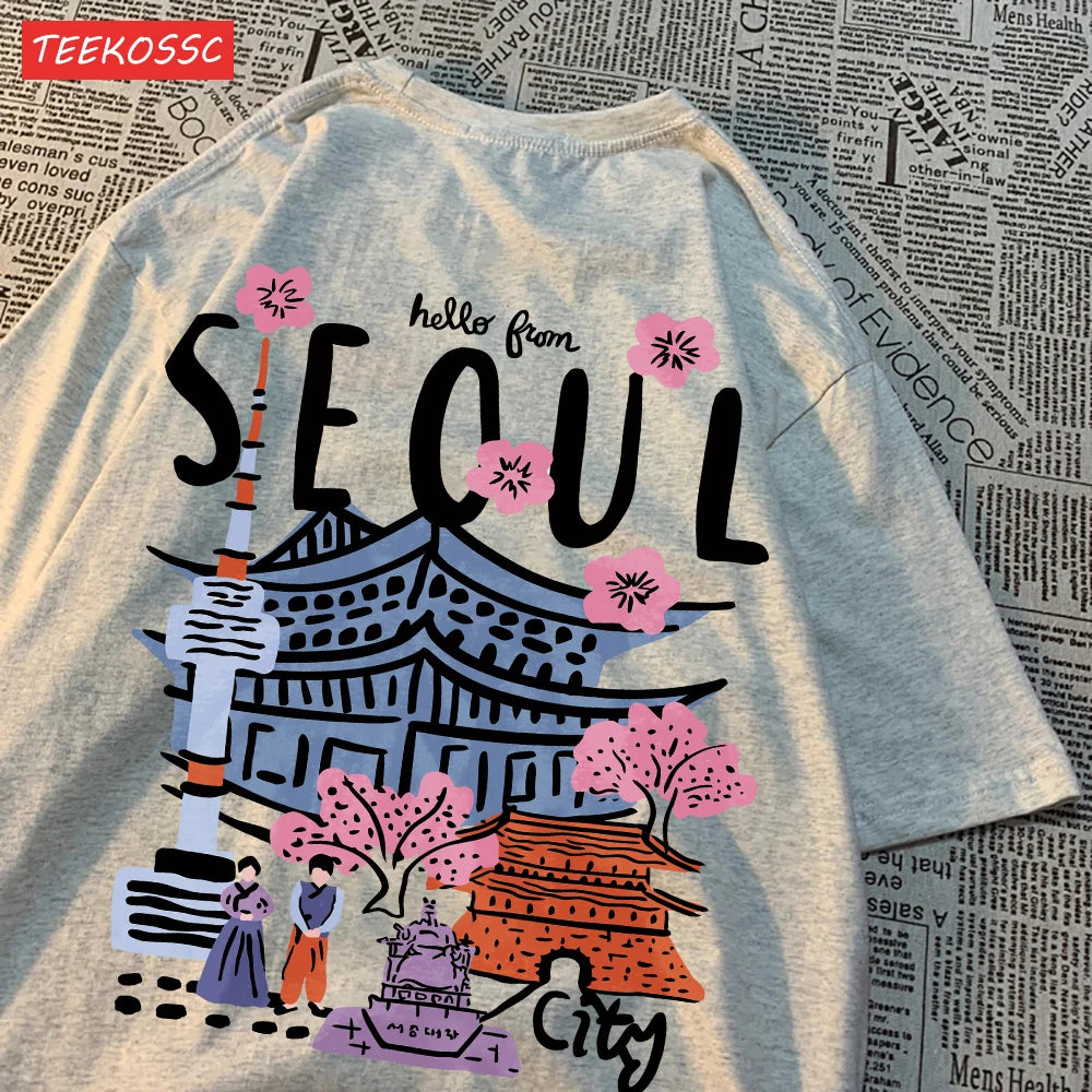 Women’s Casual Cotton T-Shirt – Seoul Scenery Printed Short Sleeve Oversize Tee | Breathable Summer TopWomen’s Clothing / Tops / T-Shirts