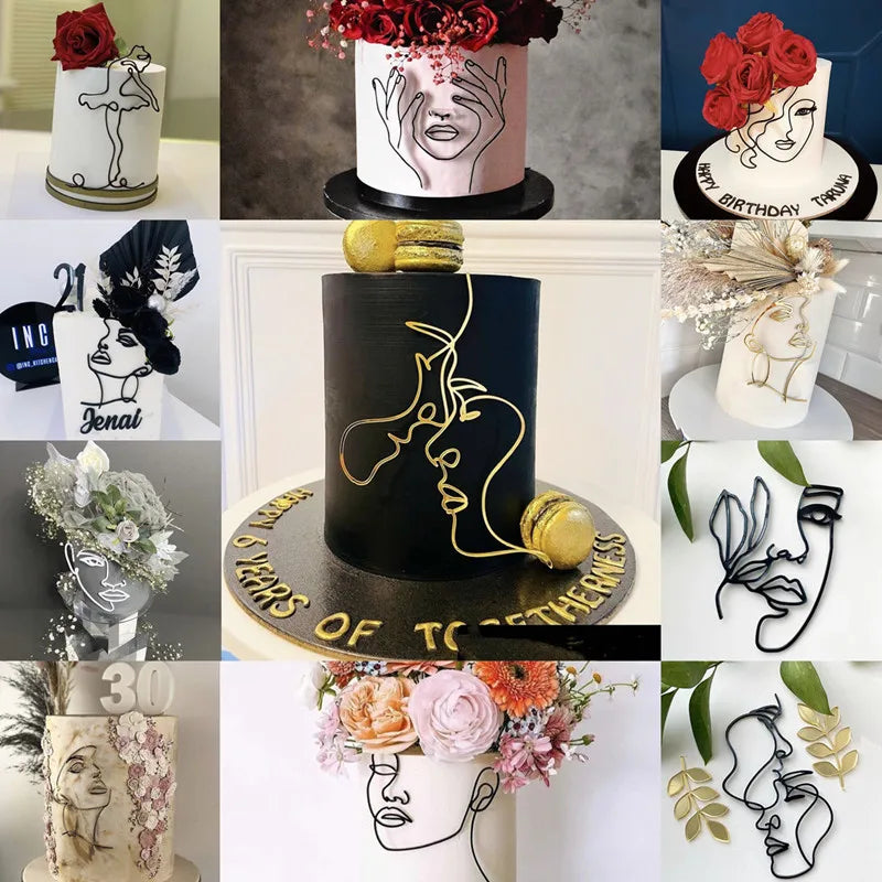 Abstract Minimalist Line Acrylic Gold Cake Topper – Character Art Decoration for Women’s Birthday Party