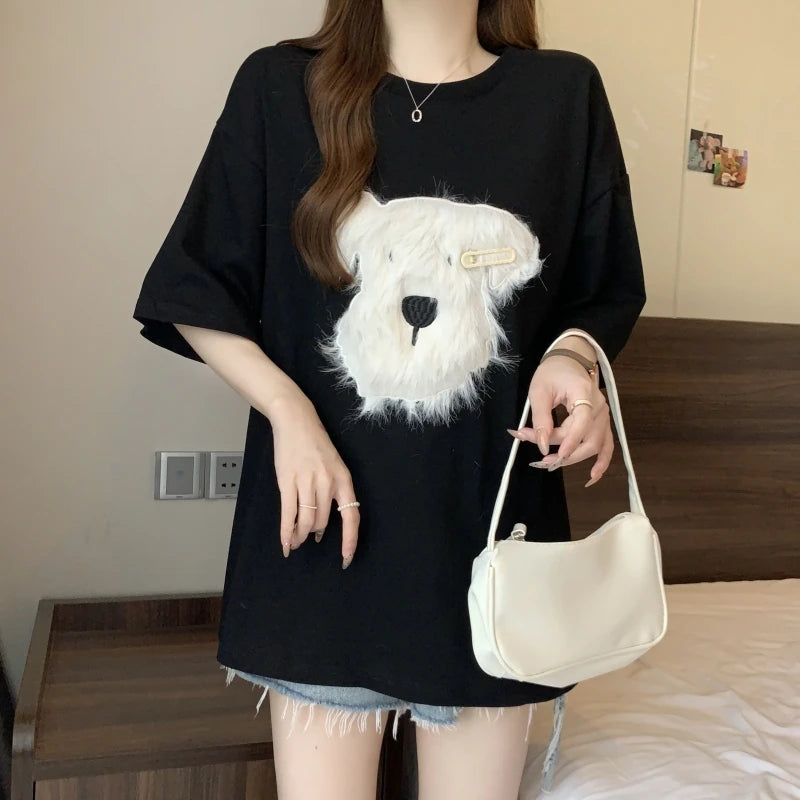 Cute 3D Plush Puppy Women’s T-Shirt – Summer Loose Cotton Half-Sleeve Top, Lazy Style Casual Tee