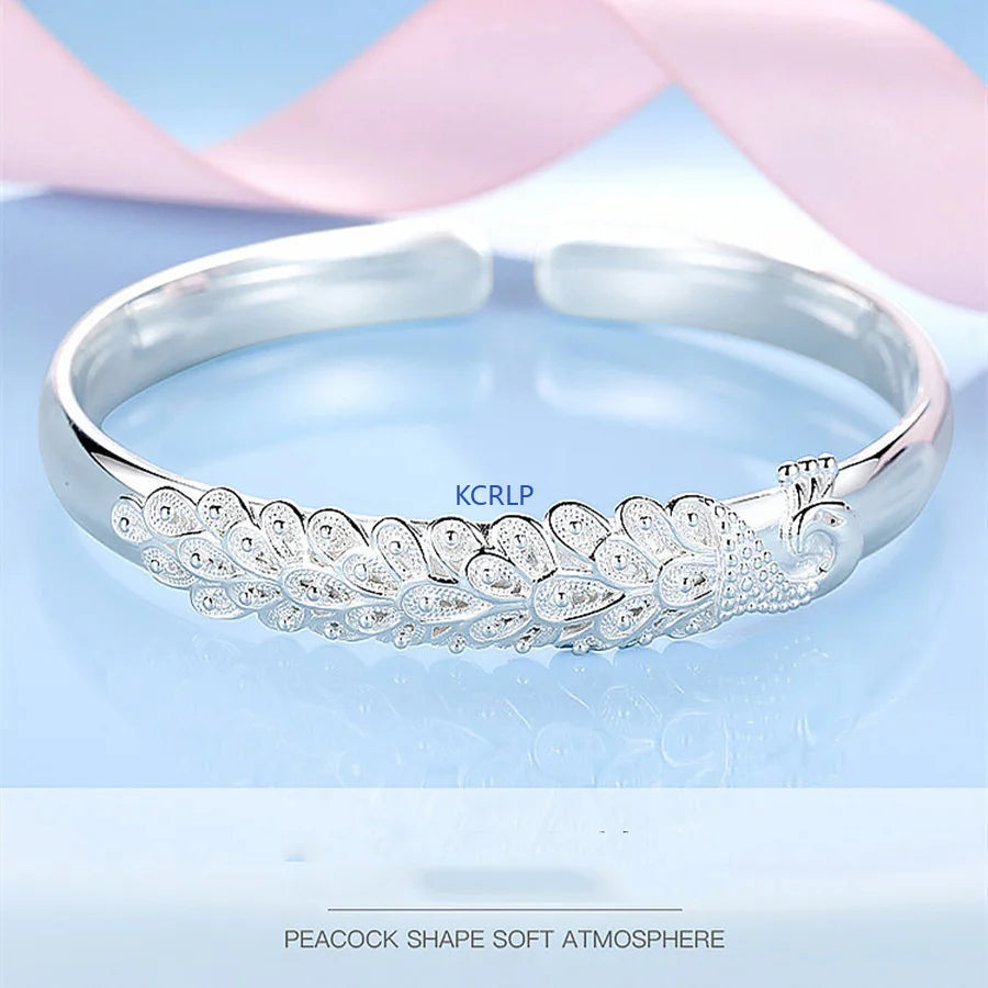 KCRLP 925 Sterling Silver Peacock Bracelet – Elegant Opening Screen Bangle for Women, Wedding & Party Jewelry Gift