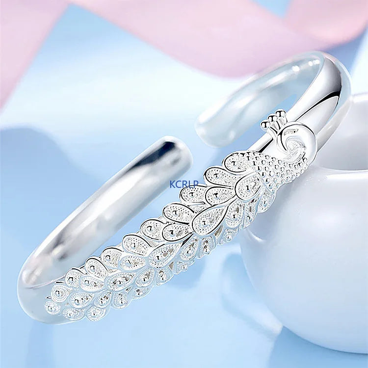 KCRLP 925 Sterling Silver Peacock Bracelet – Elegant Opening Screen Bangle for Women, Wedding & Party Jewelry Gift