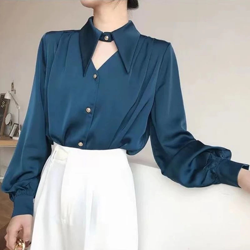 Women’s Casual V-Neck Hollow-Out Shirt – Soft Solid Blouse Retro European Style Streetwear Top