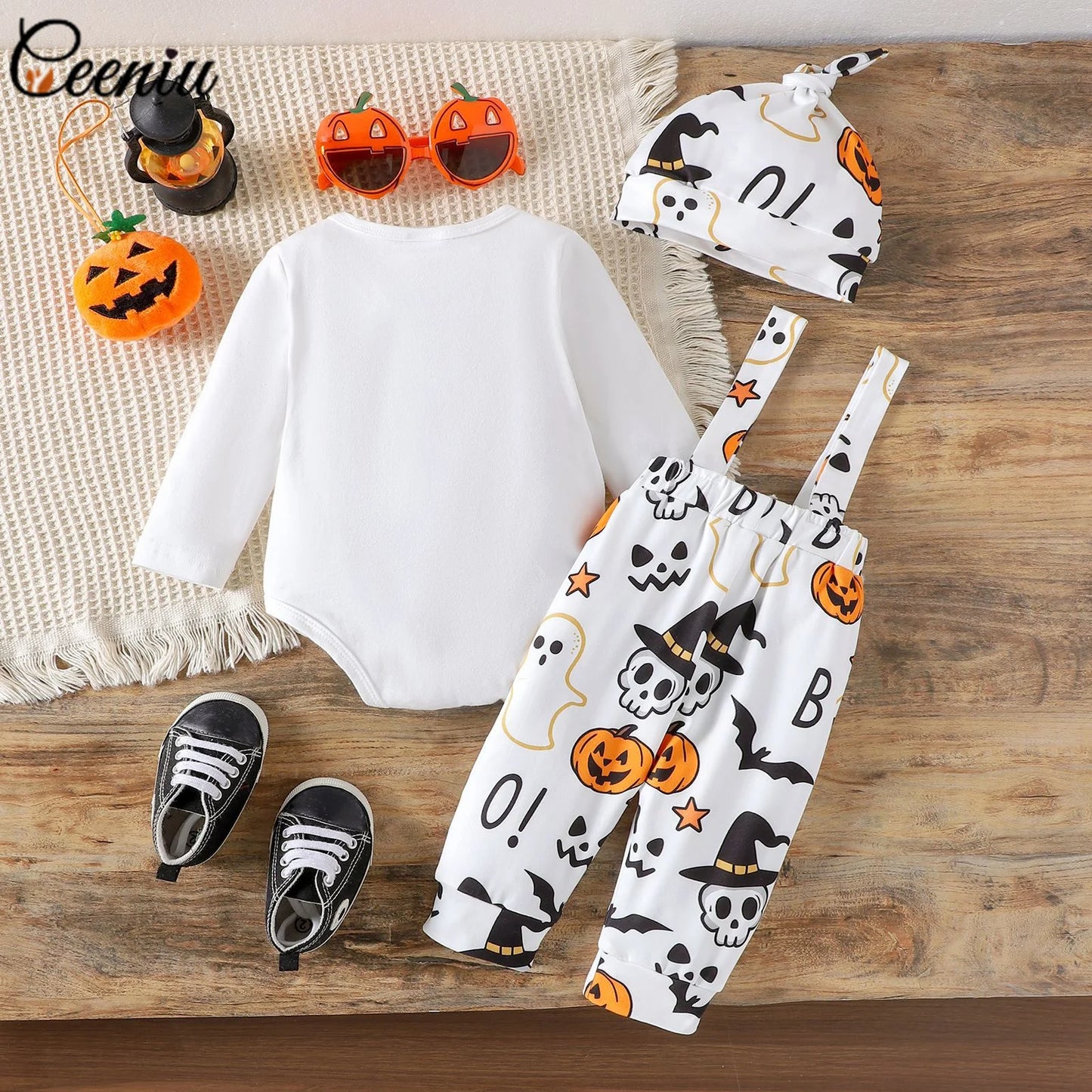 Ceeniu My First Halloween Baby Outfit – Boys Long Sleeve Letter Romper with Suspender Pants & Hat, Newborn Costume