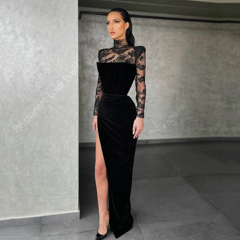Elegant Black Evening Dress – High Collar Lace Long Sleeve Formal Gown for Women