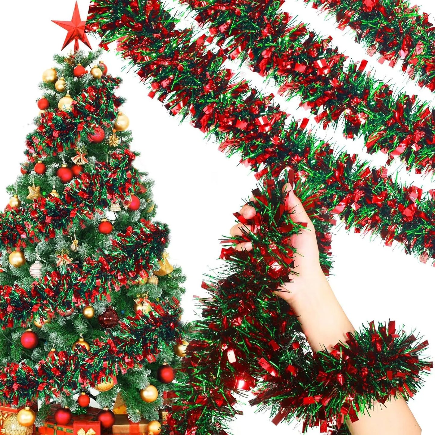 Christmas Tinsel Garland – Shiny Metallic Tree Decoration for Home & Living Room