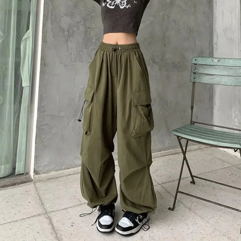 Women’s Y2K Streetwear Joggers – Low Waist Drawstring Tech Pants, Oversized Wide-Leg Baggy Sweatpants