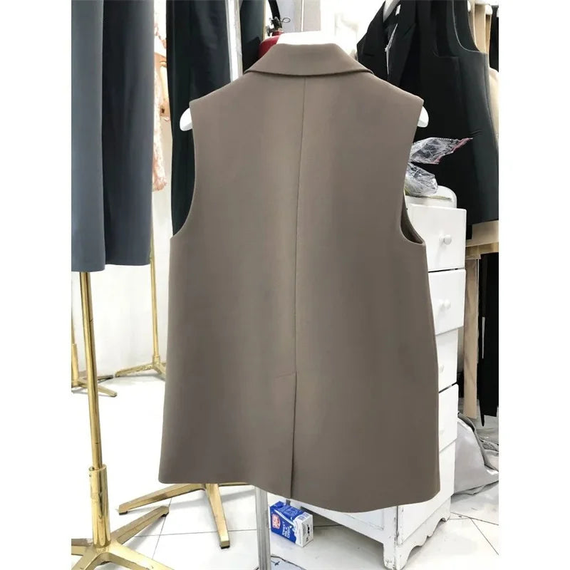 Women’s Sleeveless Black Blazer Vest – Peak Lapel Oversize Suit Coat | 2025 Elegant Korean OL Style Fashion Blazer