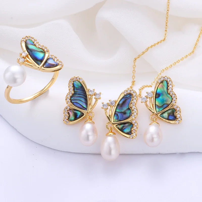 Natural Freshwater Pearl & Abalone Shell Butterfly Jewelry Set – Necklace, Earrings & Ring for Wedding and Fine Fashion