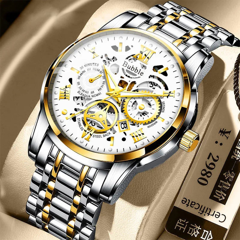 UTHAI Men’s Luxury Roman Hollow Quartz Watch – Waterproof Versatile Stainless Steel Wristwatch