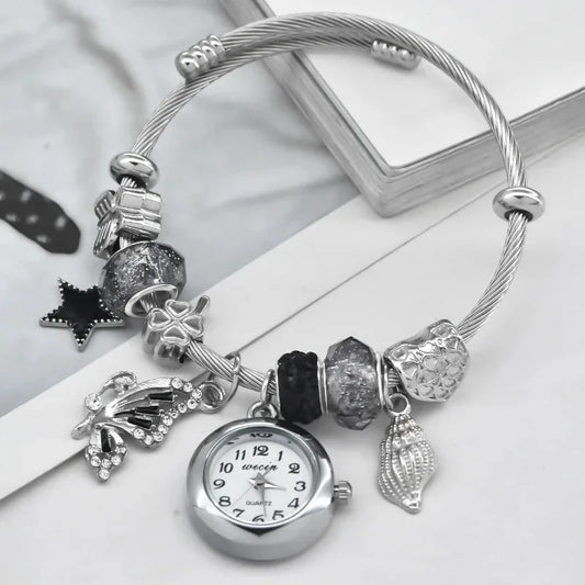 Womenโs Love Bracelet Quartz Watch โ Stylish Round Silver Casual Fashion Jewelry Gift