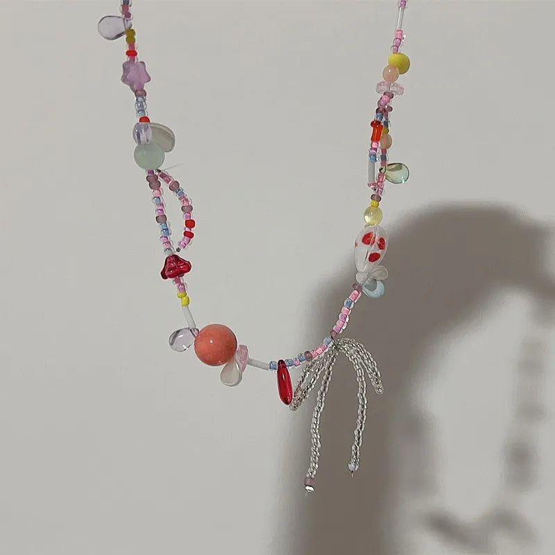 Harajuku Y2K Colorful Beaded Bow Pendant Necklace – Aesthetic Acrylic Jewelry for Women & Party Wear
