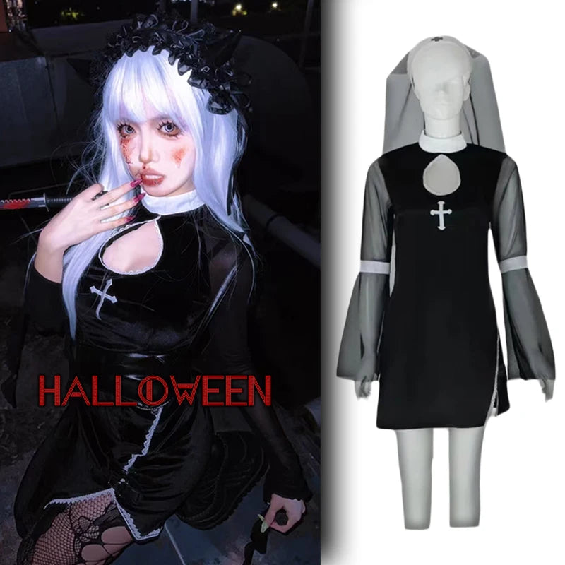 Women’s Gothic Nun Cosplay Costume – Halloween Party & Performance Dress Inspired by Horror Movie Style