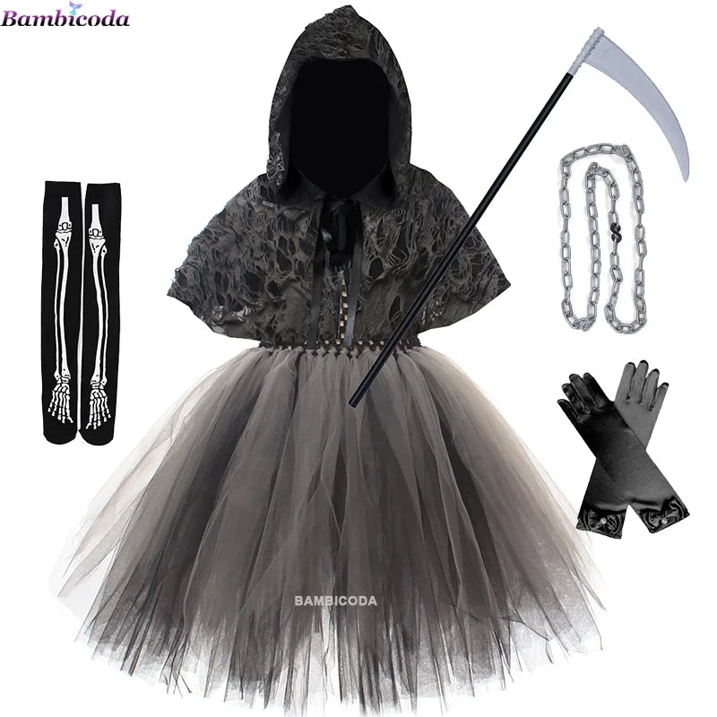 2025 Halloween Girls Demon & Death Costume – Medieval Hooded Cloak for Horror Cosplay and Party Fancy DressHalloween, Girls Costume, Demon Costume, Death Costume, Horror Costume