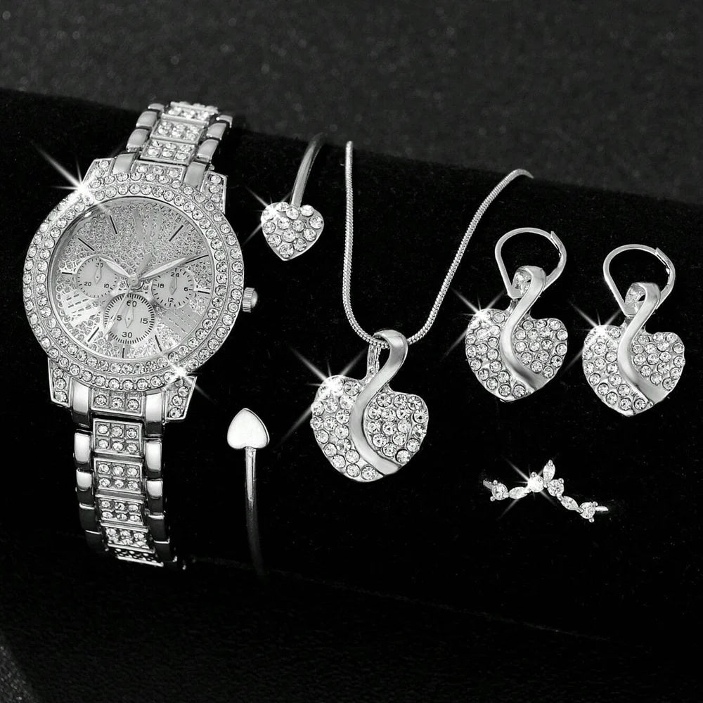 Women’s Quartz Watch & Jewelry Set – Gold Rhinestone Necklace, Ring & Earrings Luxury Fashion Wristwatch
