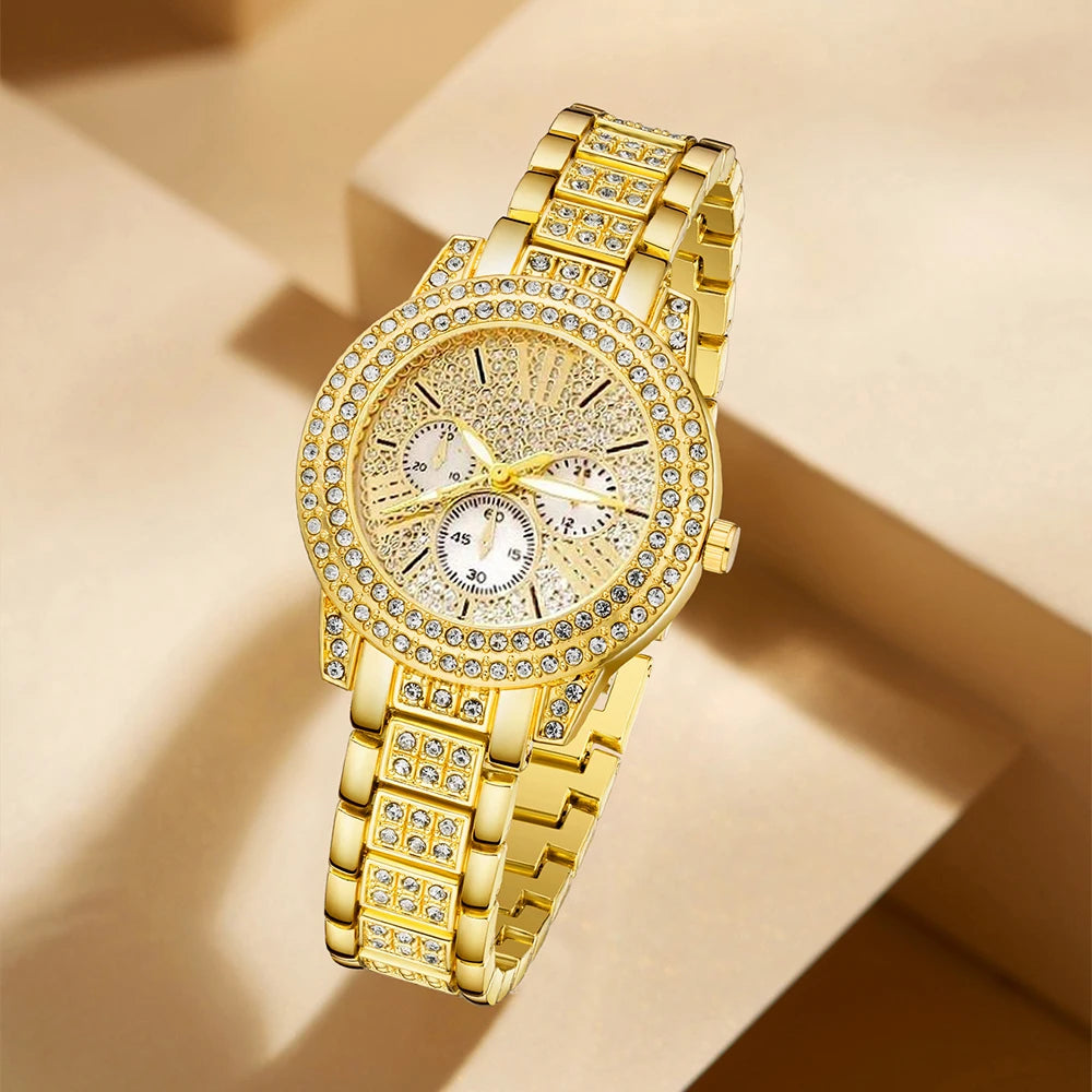 Women’s Quartz Watch & Jewelry Set – Gold Rhinestone Necklace, Ring & Earrings Luxury Fashion Wristwatch