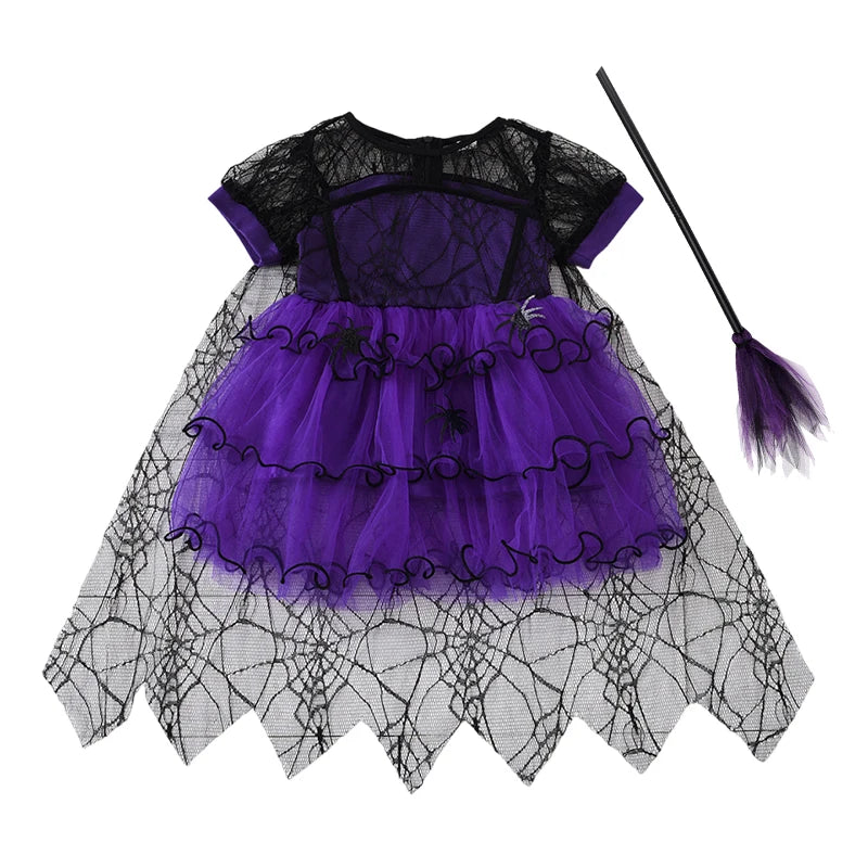 2–7Y Halloween Witch Cosplay Dress – Cute Spider Mesh Cape Outfit for Baby & Kids, Carnival Party Costume