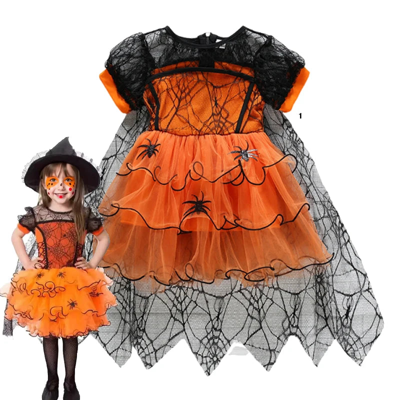2–7Y Halloween Witch Cosplay Dress – Cute Spider Mesh Cape Outfit for Baby & Kids, Carnival Party Costume