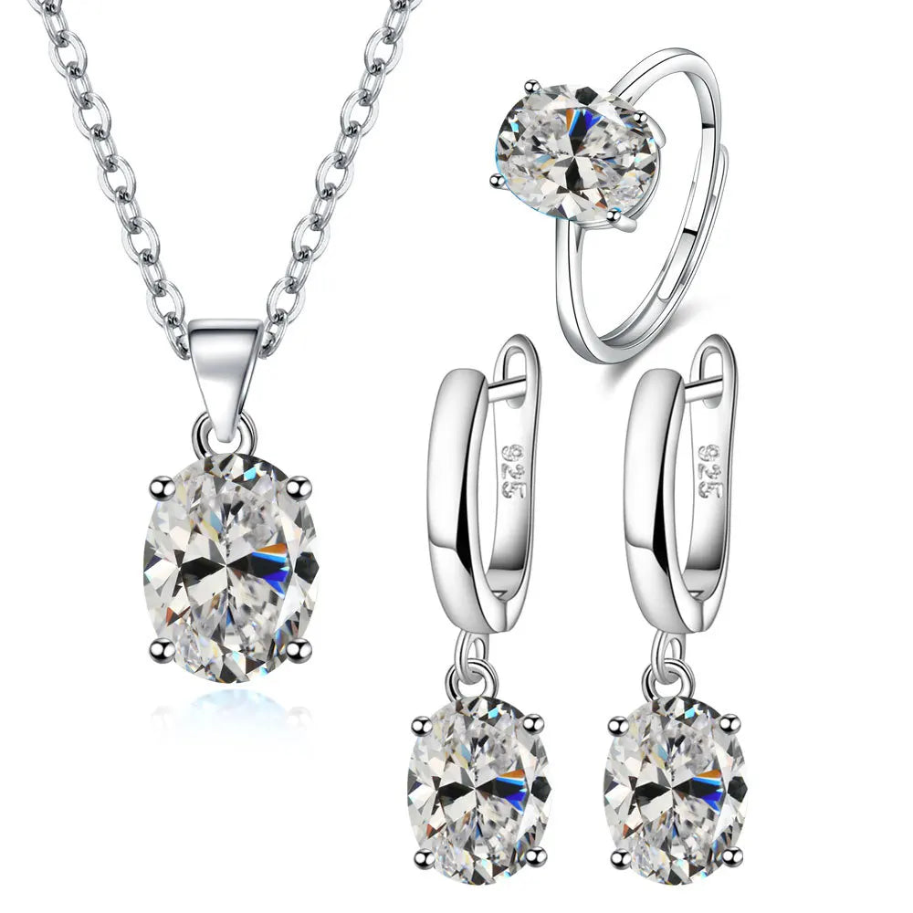 925 Sterling Silver Women’s Jewelry Set – Elegant Ellipse Zircon Ring, Necklace & Earrings