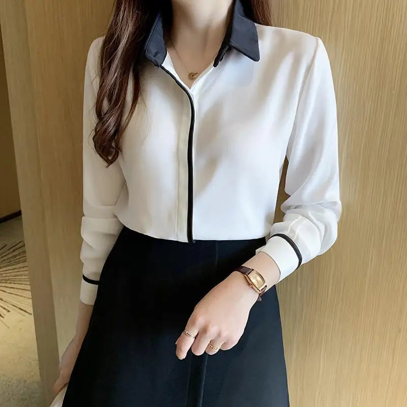 Western Style White Chiffon Shirt – Casual Loose Professional Top for Women, Spring & Autumn Fashion