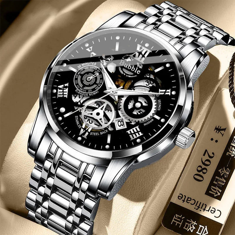 UTHAI Men’s Luxury Roman Hollow Quartz Watch – Waterproof Versatile Stainless Steel Wristwatch