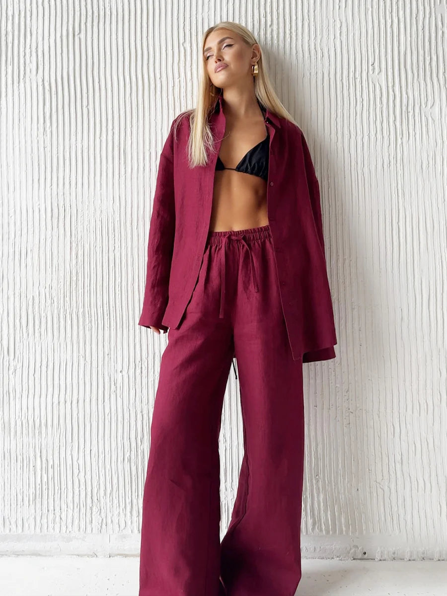 Women’s Casual Cozy Lapel Pink Shirt & Pants Set – Fashion Single-Breasted Blouse with Elastic Waist Trousers | 2025 Spring Loose Outfit