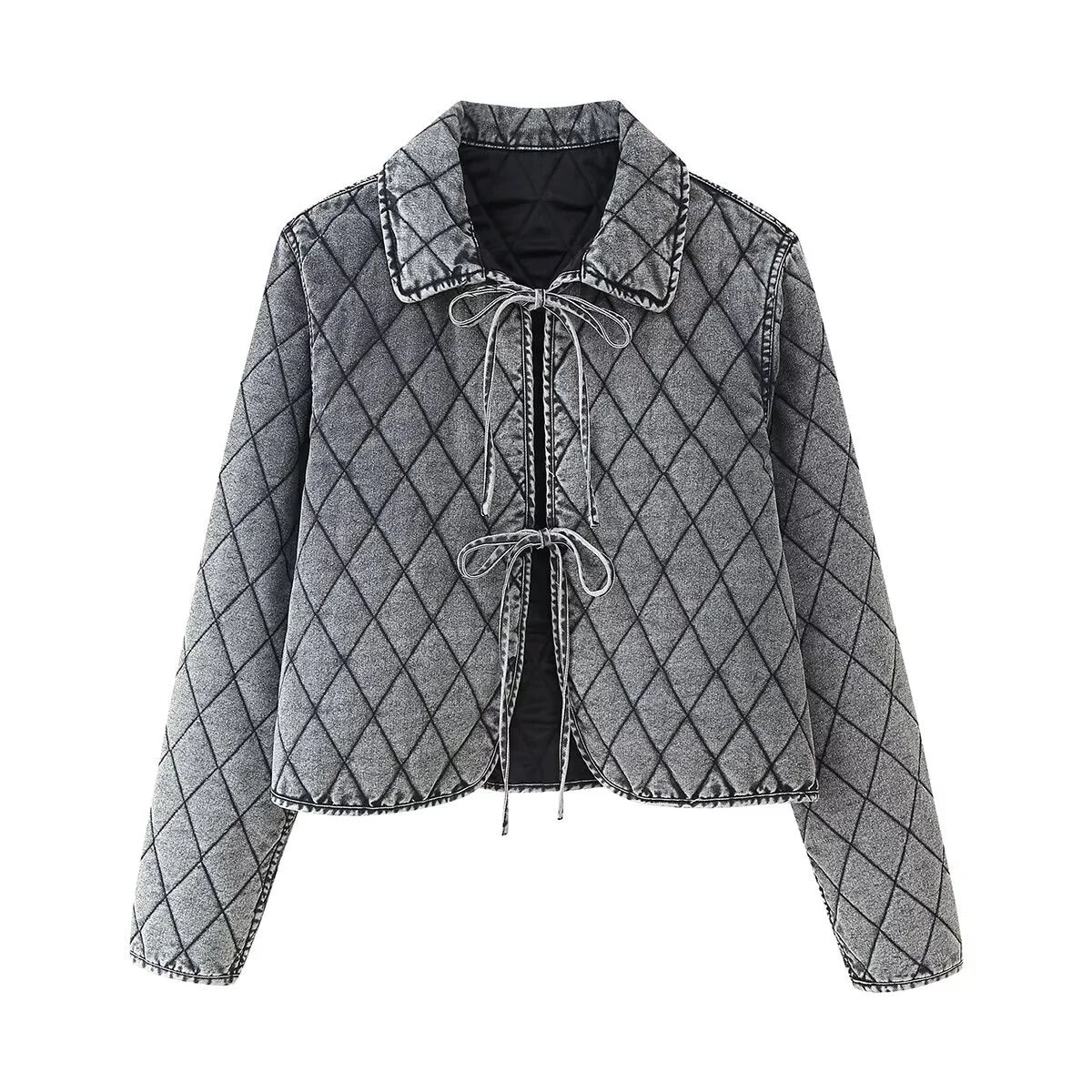 Women’s Quilted Denim Coat – Washed Cowboy Jacket with Bow Decoration | Spring/Summer Casual Fashion