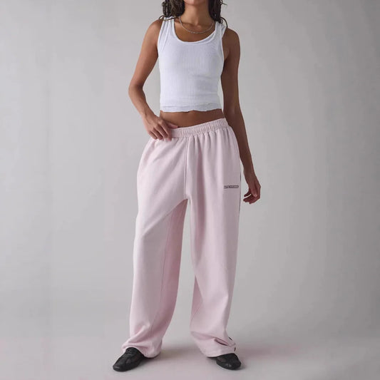 Women’s Pink Embroidered Casual Pants – Loose Straight-Leg Trousers with Elastic Waist | 2025 New Fashion
