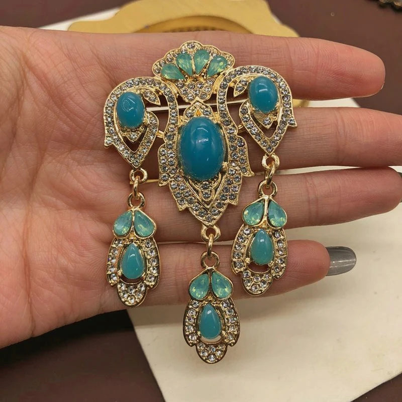 Peacock Phoenix Crown Tassel Brooch – Elegant Colorful Blue Gemstone & Rhinestone Pin Jewelry