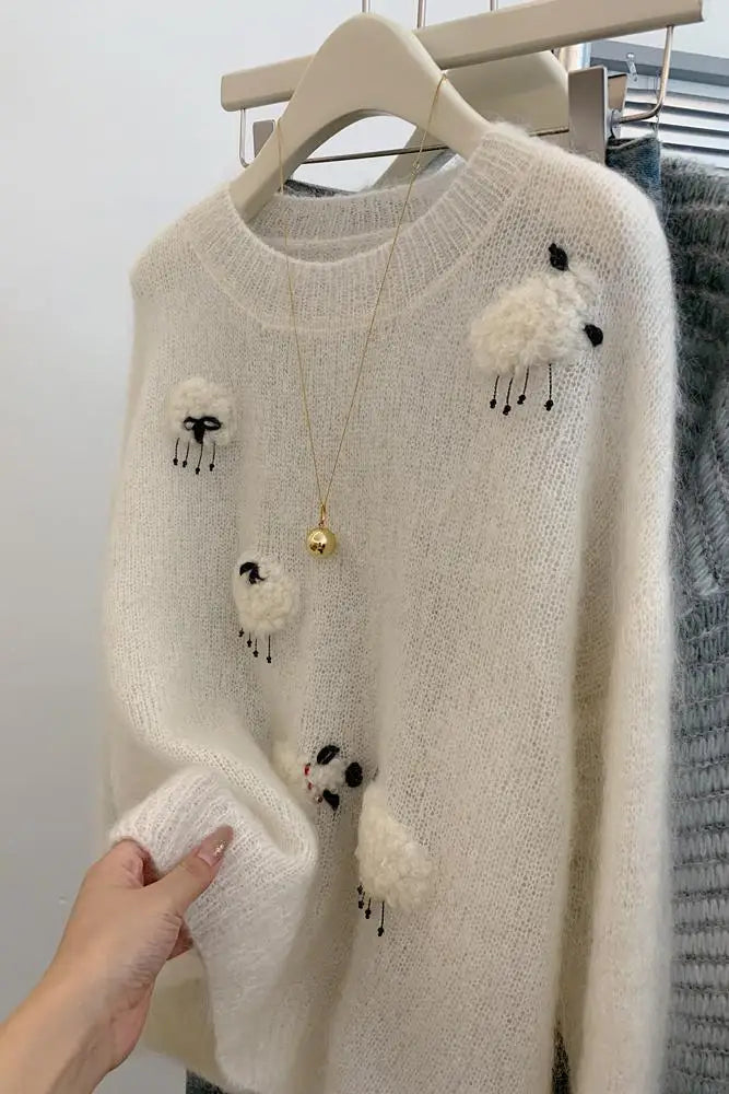 Women’s White Knit Sweater – Cute Animal Woolen Pullover | 2025 Autumn Winter Korean Fashion