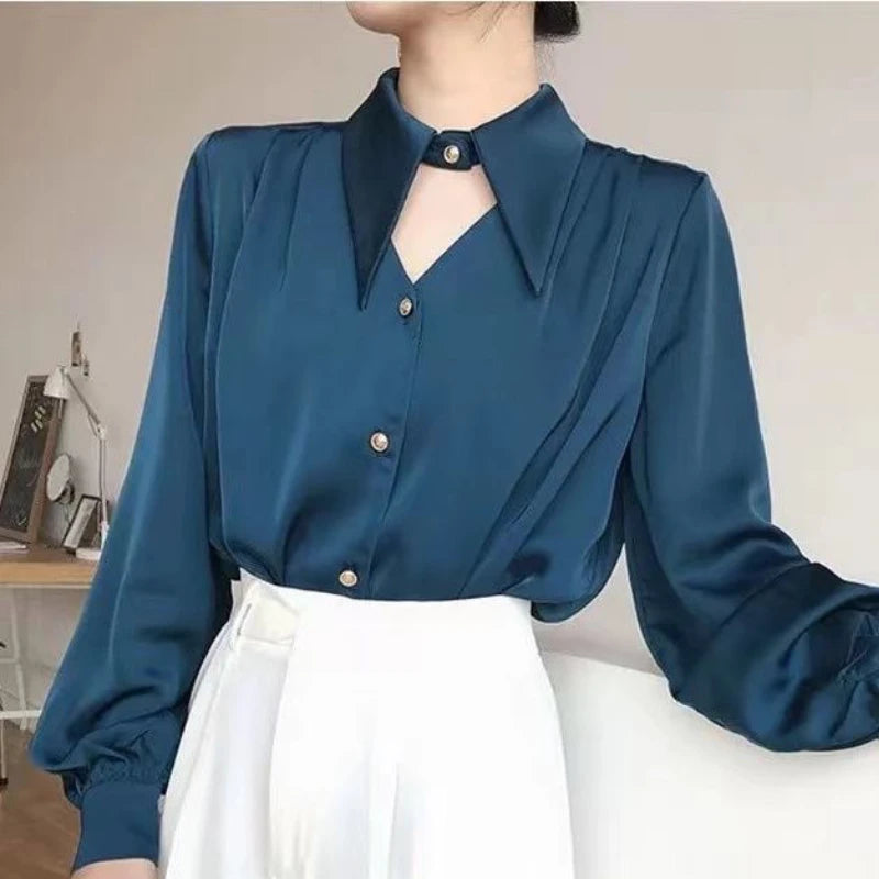 Women’s Casual V-Neck Hollow-Out Shirt – Soft Solid Blouse Retro European Style Streetwear Top