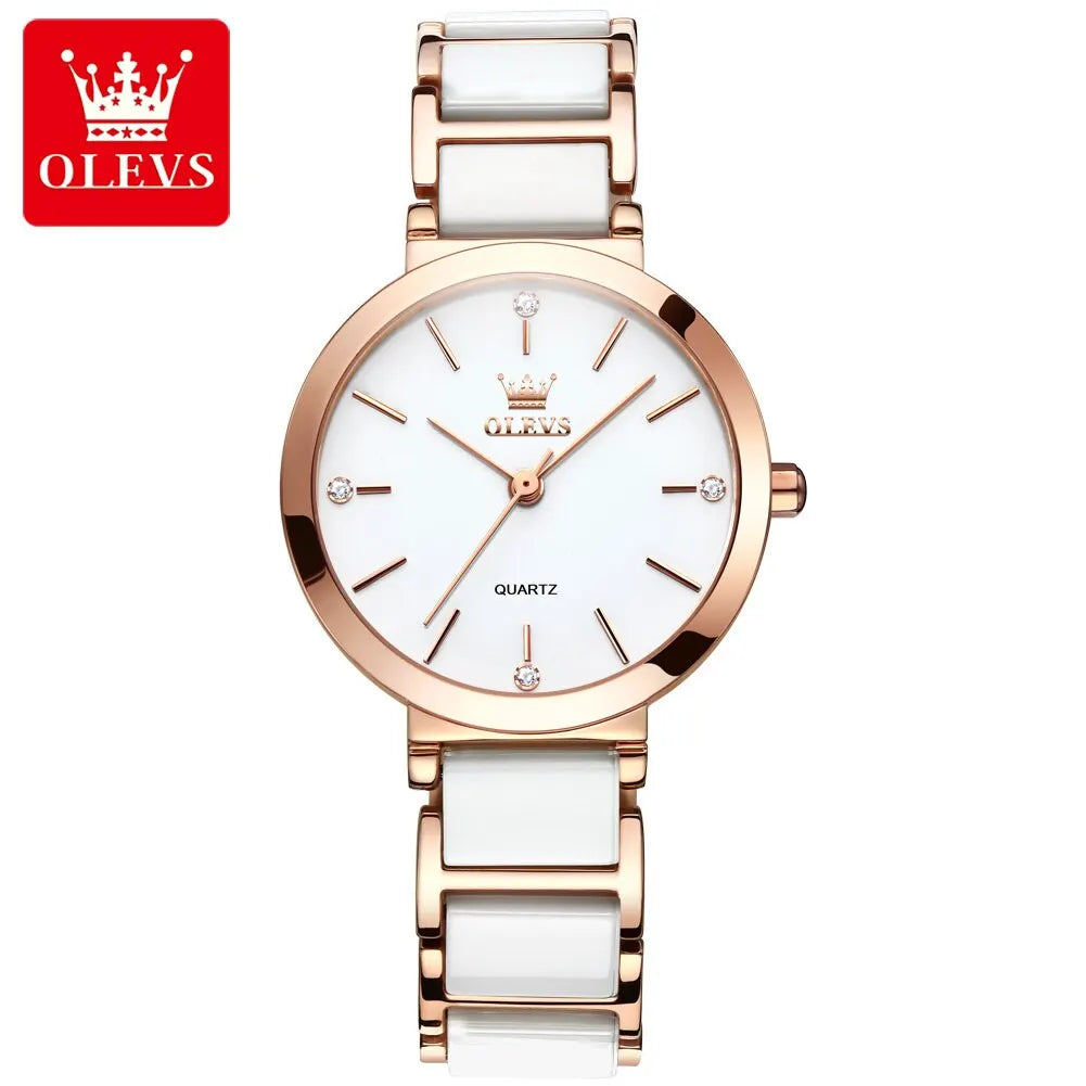 OLEVS Luxury Women’s Rose Gold Quartz Watch – Fashion Ceramic Strap Elegant Wristwatch