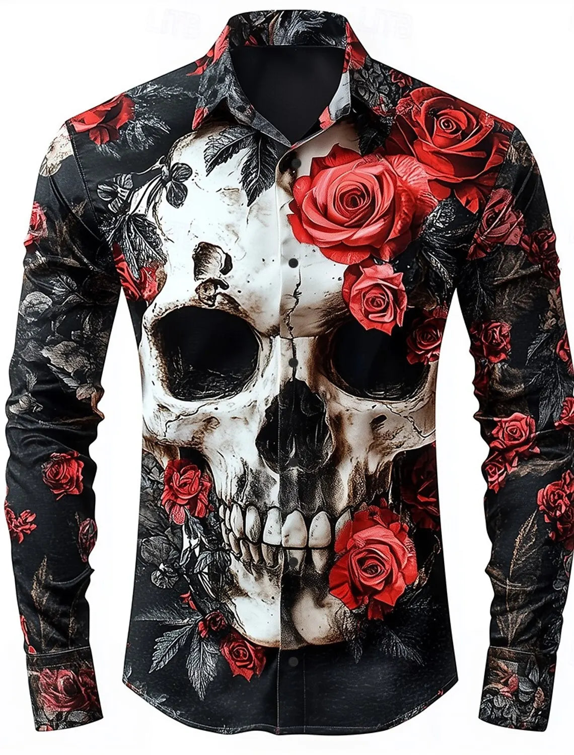 2025 Halloween Men’s Costume Shirt – Skull Print Button-Up Long Sleeve Casual Dress Shirt, Dark Gothic Style