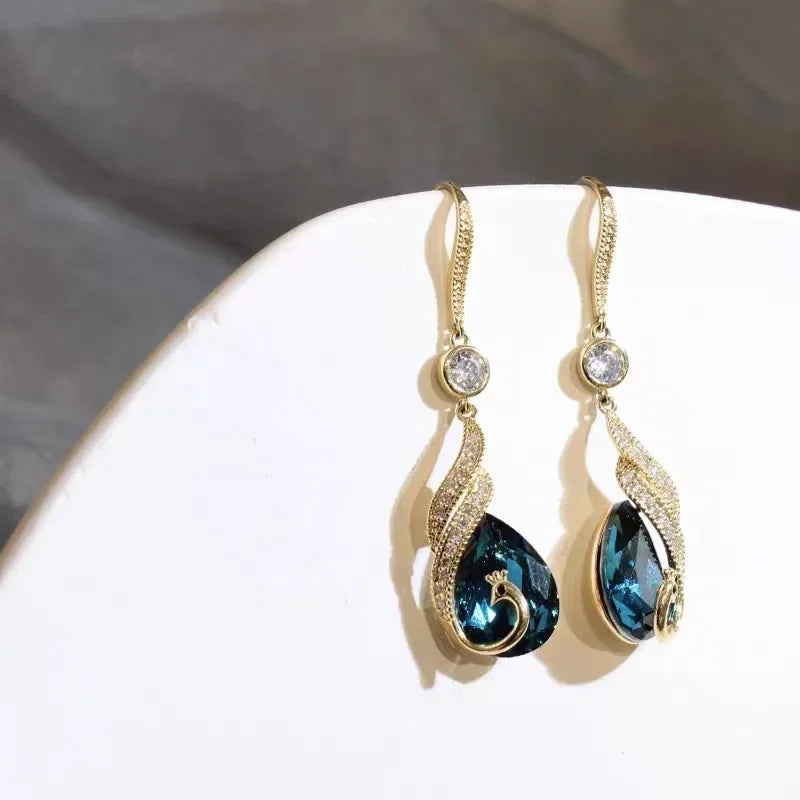 Elegant Blue Peacock Crystal Jewelry Set – Long Tassel Necklace & Earrings for Women, Vintage Luxury Party Gift