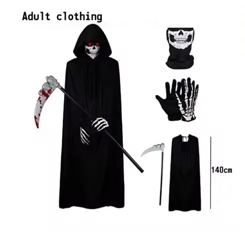 2025 Halloween Grim Reaper Cosplay Costume – Terrifying Skeleton Outfit for Kids & Adults with Ghost Robe and Sickle