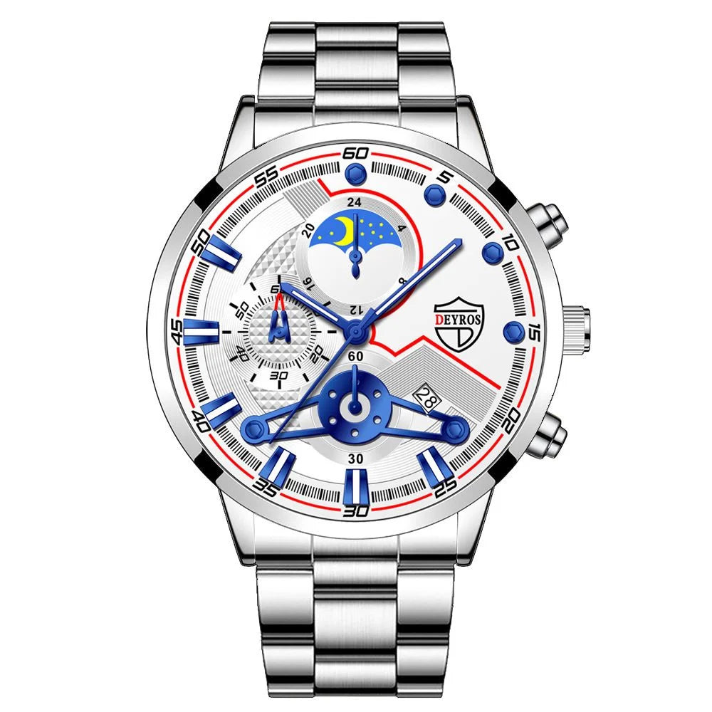 Men’s Luxury 3-Piece Stainless Steel Quartz Watch – Business & Sport Full Calendar Wristwatch