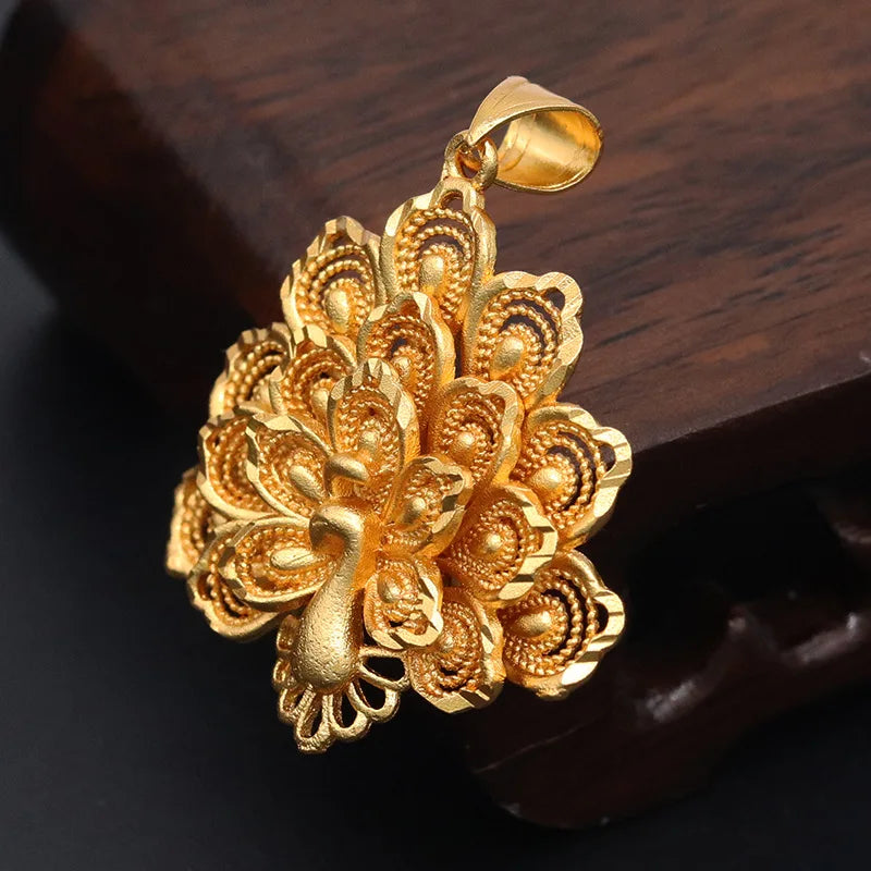 Pure 18K Gold Color Peacock Pendant – Lucky Charm Necklace for Women, Wedding & Birthday Jewelry Gift (Without Chain)