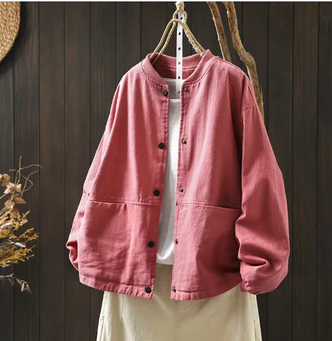Women’s Casual Cotton Coat – 2025 Autumn Solid Color Loose Short Jacket with Double Pockets | Simple Everyday Style (T647)