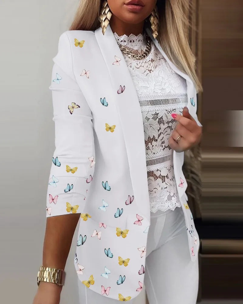 Women’s Butterfly Print Blazer – Casual Long Sleeve Turn-Down Collar Suit Jacket for Spring & Autumn