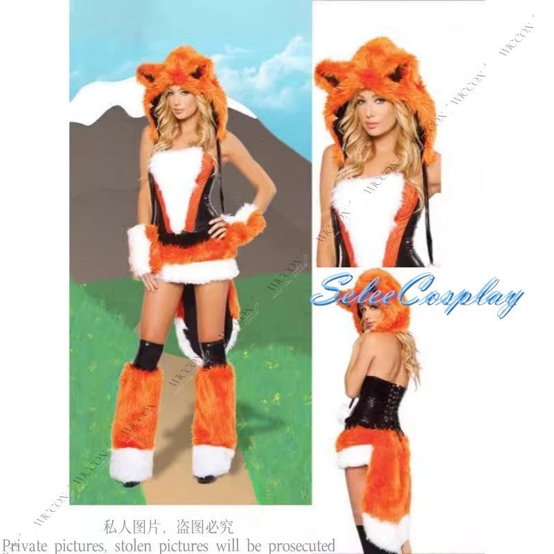 Women’s Fox Cosplay Costume Set – Halloween Party Outfit with Top, Skirt, Hat, Gloves & Tail