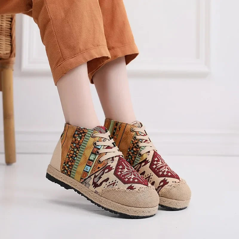 Women’s Bohemian Grass Woven Flat Espadrilles – Comfortable Lace-Up Non-Leather Casual Shoes