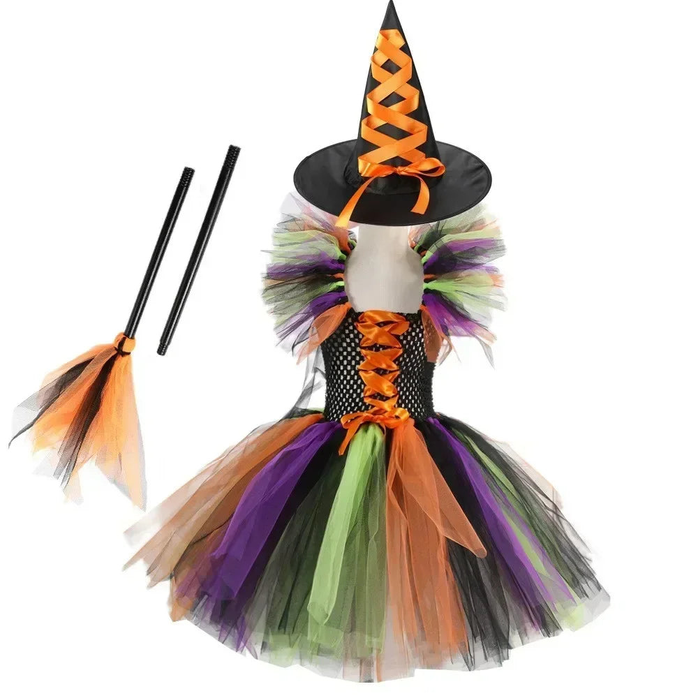 2025 Halloween Girls Witch Costume – Cosplay Tutu Knee Dress with Hat and Broom for Kids’ Carnival & Party