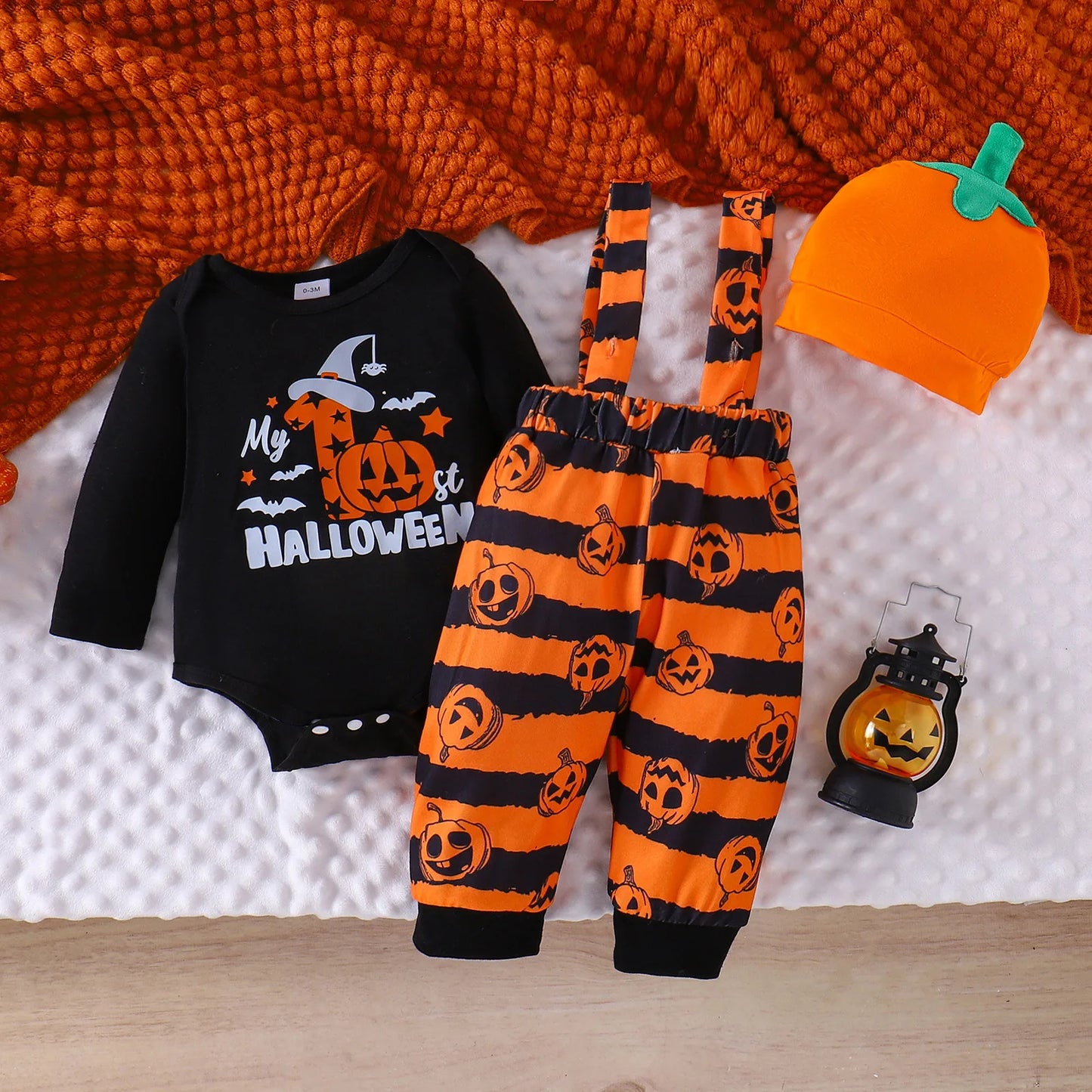 Ceeniu My First Halloween Baby Outfit – Boys Long Sleeve Letter Romper with Suspender Pants & Hat, Newborn Costume