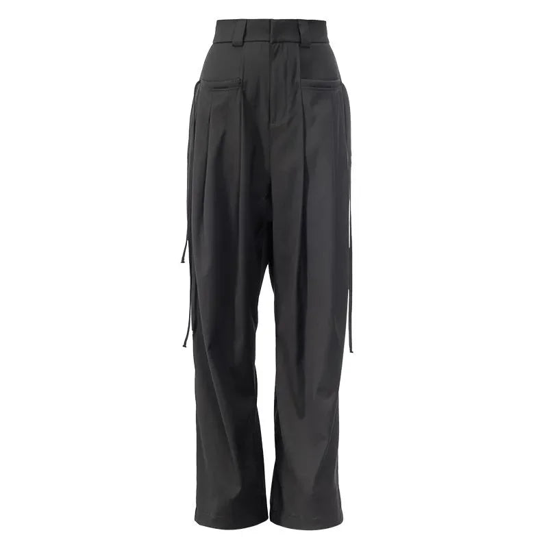 Women’s High-Waist Strap Design Wide-Leg Pants – Casual Loose Slimming Trousers for Spring & Autumn