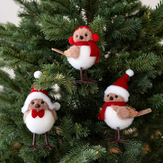 Christmas Simulation Bird Hanging Pendant Foam Red Scarf Hats Bird Xmas Tree Ornaments Merry Christmas Decor Happy New Year