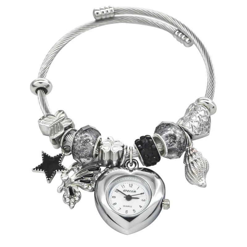 Women’s Love Bracelet Quartz Watch – Stylish Round Silver Casual Fashion Jewelry Gift