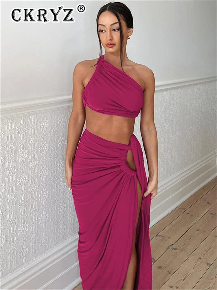 Ladies Summer 2-Piece Set – Sleeveless Backless Crop Top & Side-Slit Slim Long Skirt for Evening, Party, Club, and Streetwear